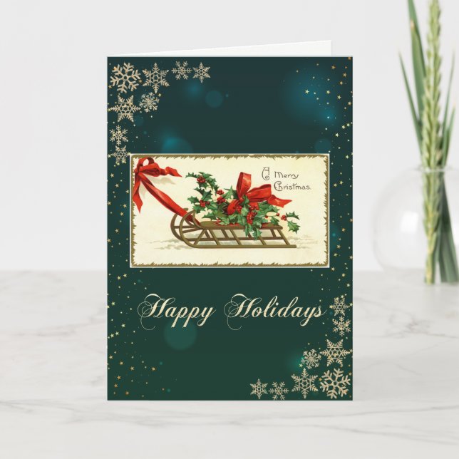 Vintage Christmas Sleigh, Snowflakes Green Holiday Card (Front)