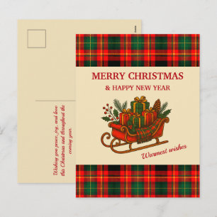 Vintage Christmas Sleigh with Gifts and Plaid  Holiday Postcard