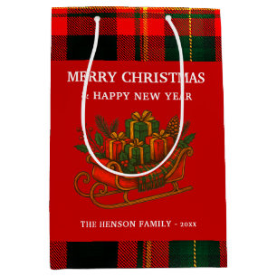Vintage Christmas Sleigh with Gifts and Plaid Medium Gift Bag