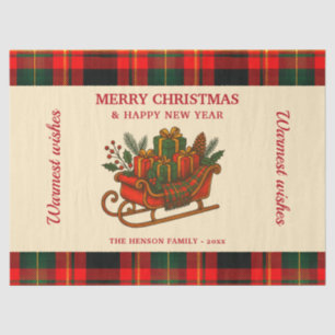 Vintage Christmas Sleigh with Gifts and Plaid Tissue Paper