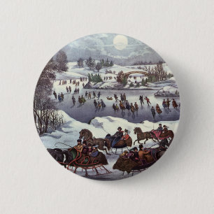 Vintage Christmas Sleighs, Central Park in Winter 6 Cm Round Badge