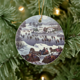 Vintage Christmas Sleighs, Central Park in Winter Ceramic Tree Decoration