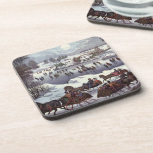 Vintage Christmas Sleighs, Central Park in Winter Coaster