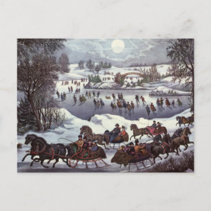 Vintage Christmas Sleighs, Central Park in Winter Holiday Postcard