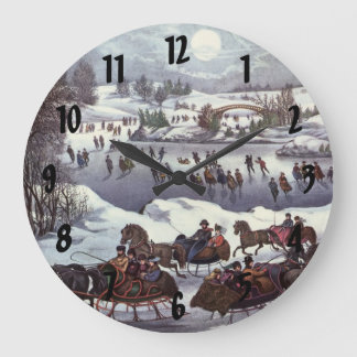 Vintage Christmas Sleighs, Central Park in Winter Large Clock