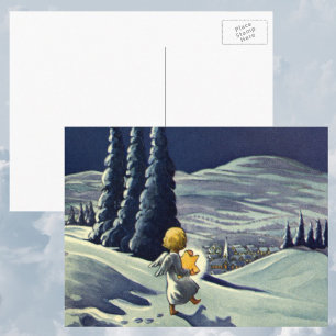 Vintage Christmas, Snow Angel Walking with a Star Holiday Postcard