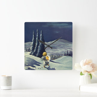 Vintage Christmas, Snow Angel Walking with a Star Square Wall Clock