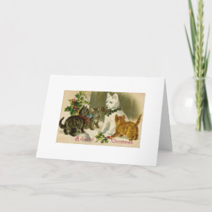Vintage Christmas Snow Cat Greeting Card