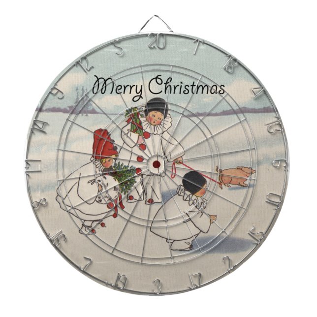 Vintage Christmas Snow Children Pig Dartboard (Front)
