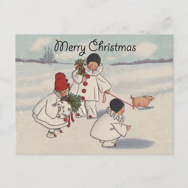 Vintage Christmas Snow Children Pig Holiday Postcard (Front)