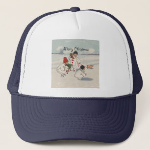 Vintage Christmas Snow Children Pig Trucker Hat