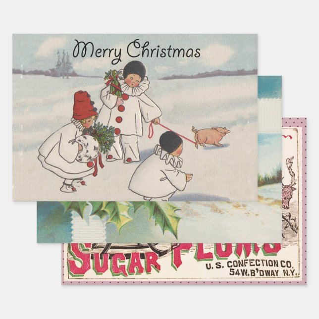 Vintage Christmas Snow Children Pig Wrapping Paper Sheet (Set)
