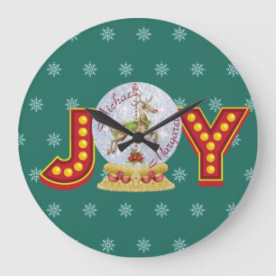 Vintage Christmas snow globe reindeer snowflakes Large Clock