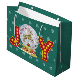 Vintage Christmas snow globe reindeer snowflakes Large Gift Bag