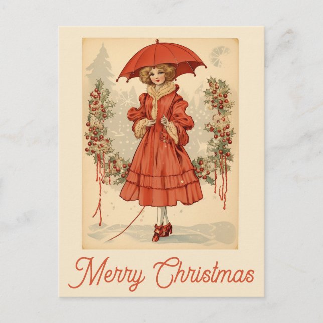Vintage Christmas Snow Victorian Woman Postcard (Front)
