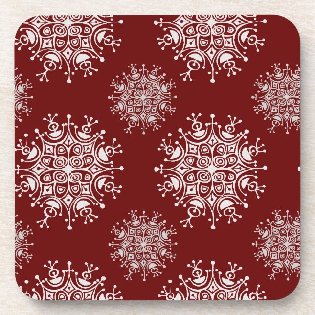 Vintage Christmas Snowflakes Red Blizzard Pattern Coaster (Front)