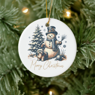 Vintage Christmas Snowman and Dog Ceramic Tree Decoration