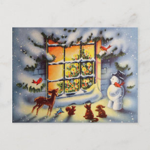Vintage Christmas snowman animals Holiday postcard