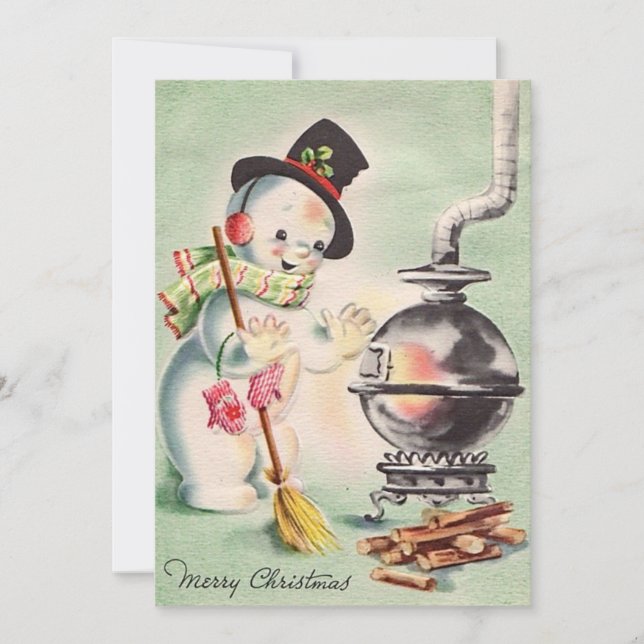 Vintage Christmas Snowman by Wood Stove Holiday Card (Front)