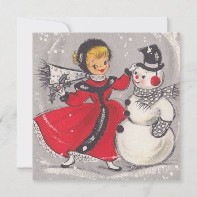 Vintage Christmas Snowman Dancing With Girl Holiday Card (Front)
