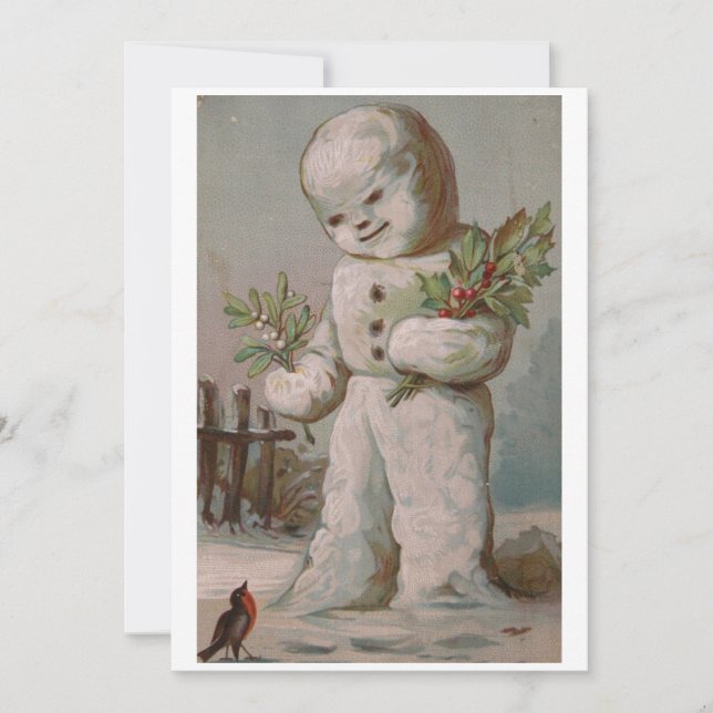 Vintage Christmas Snowman feeding Bird Holiday Card (Front)