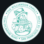 Vintage Christmas SnowMan Green Ink Return Address Classic Round Sticker<br><div class="desc">Christmas family round return address sticker with your name and address in green ink stylish typography with a pretty hand drawn vintage Christmas snowman on a white background. Simply add your name and address. Exclusively designed for you by Happy Dolphin Studio. If you need any help or matching products please...</div>