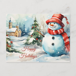 Vintage Christmas Snowman Illustration Holiday Postcard