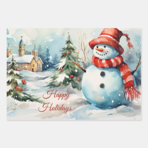 Vintage Christmas Snowman Illustration  Wrapping Paper Sheet