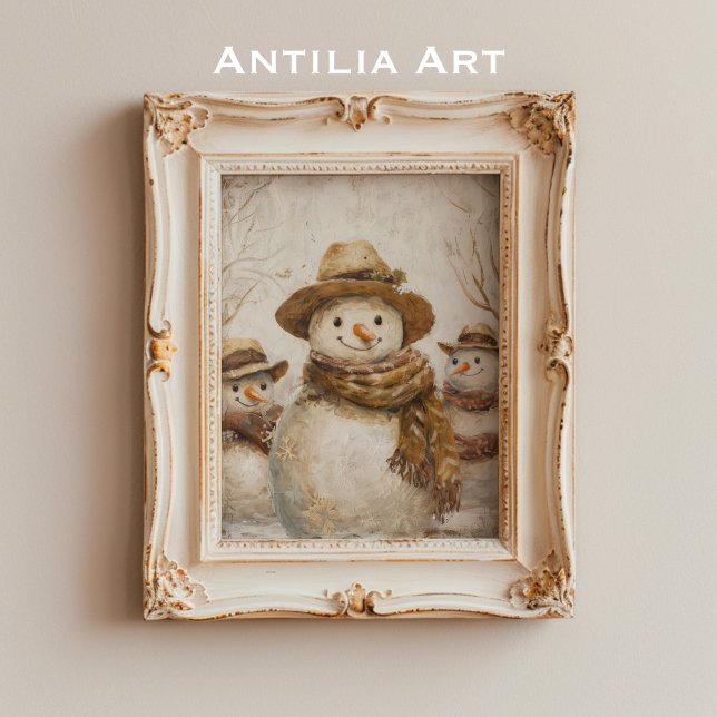 Vintage Christmas Snowman Painting Rustic Xmas Poster (Creator Uploaded)