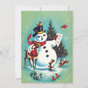 Vintage Christmas Snowman Playing With Animals Holiday Card