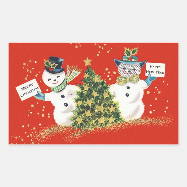 Vintage Christmas Snowman Rectangle Stickers (Front)