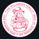 Vintage Christmas SnowMan Red Ink Return Address Classic Round Sticker<br><div class="desc">Christmas family round return address sticker with your name and address in red ink stylish typography with a pretty hand drawn vintage Christmas snowman on a white background. Simply add your name and address. Exclusively designed for you by Happy Dolphin Studio. If you need any help or matching products please...</div>