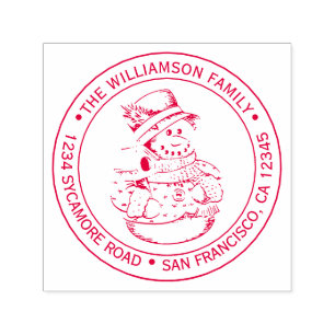 Vintage Christmas Snowman Round Return Address Self-inking Stamp