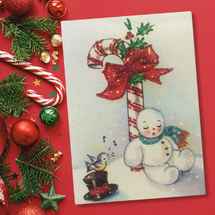 Vintage Christmas Snowman Sleeping By Candy Cane Holiday Card