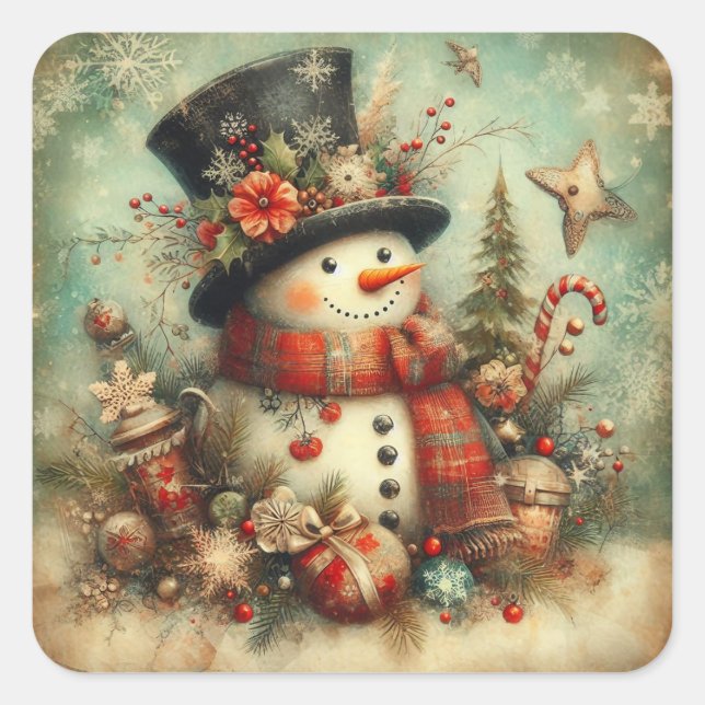 Vintage Christmas Snowman Square Sticker (Front)