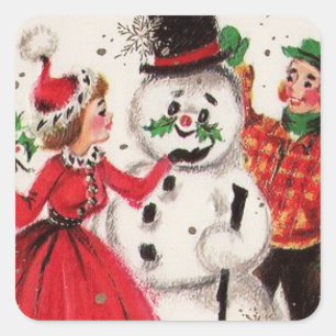 Vintage Christmas Snowman With Family Square Sticker