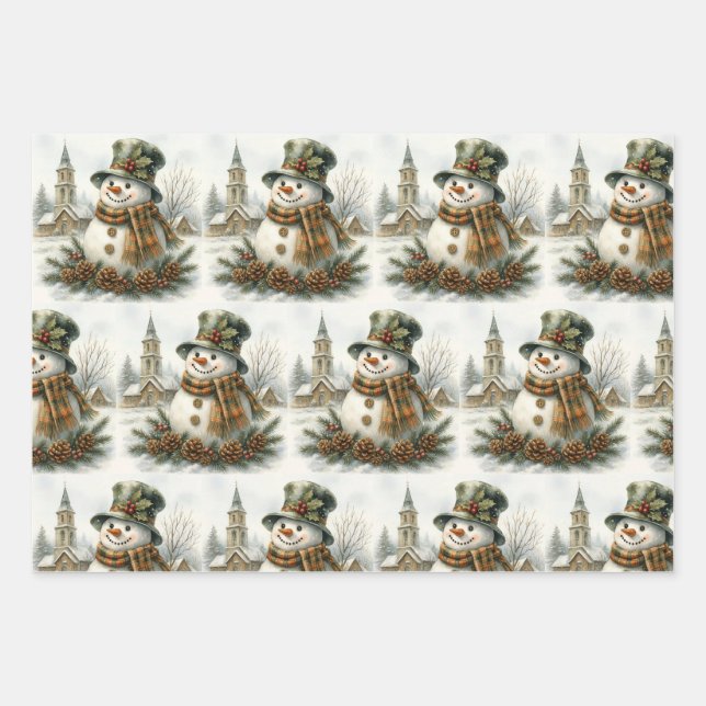 Vintage Christmas Snowman Wrapping Paper Sheet (Front 2)
