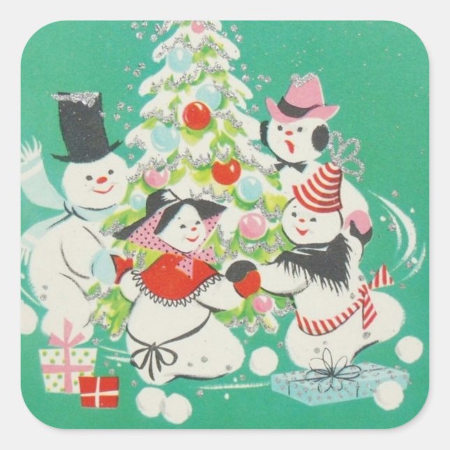Vintage Christmas Snowmen Dancing Around Tree Square Sticker (Front)