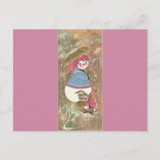 Vintage Christmas Snowwoman With Bunny Holiday Postcard