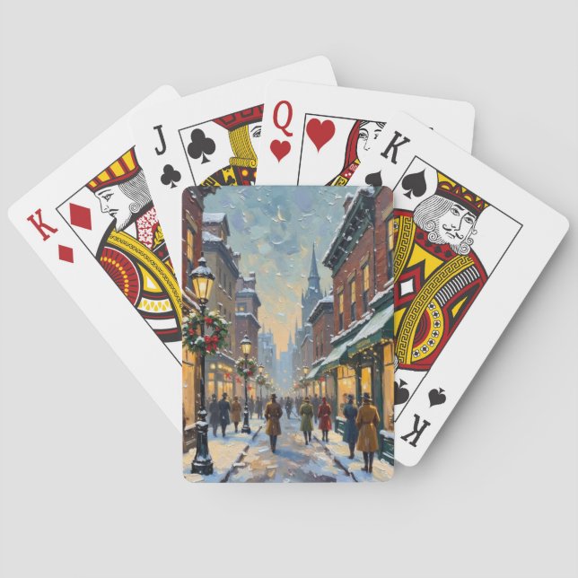 Vintage Christmas Snowy City Street Scene Playing Cards (Back)