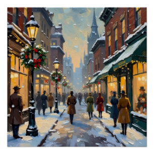 Vintage Christmas Snowy City Street Scene Poster