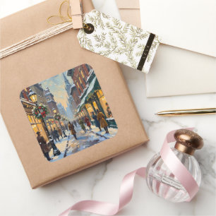 Vintage Christmas Snowy City Street Scene Square Sticker