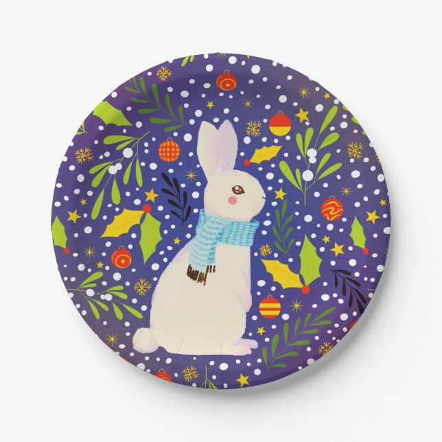 Vintage Christmas Snowy Rabbit Winter  Paper Plate (Front)