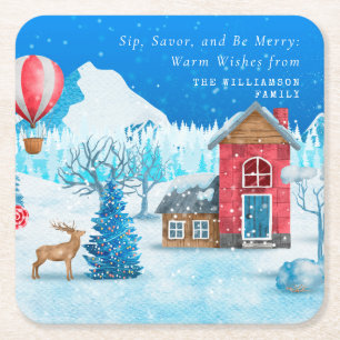VINTAGE CHRISTMAS SNOWY TOWN ELK PERSONALIZED  SQUARE PAPER COASTER