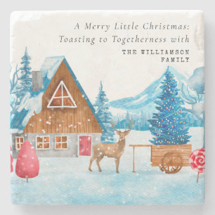 VINTAGE CHRISTMAS SNOWY TOWN ELK PERSONALIZED  STONE COASTER