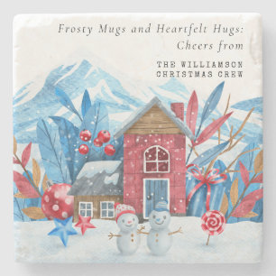VINTAGE CHRISTMAS SNOWY TOWN SNOWMEN PERSONALIZED  STONE COASTER