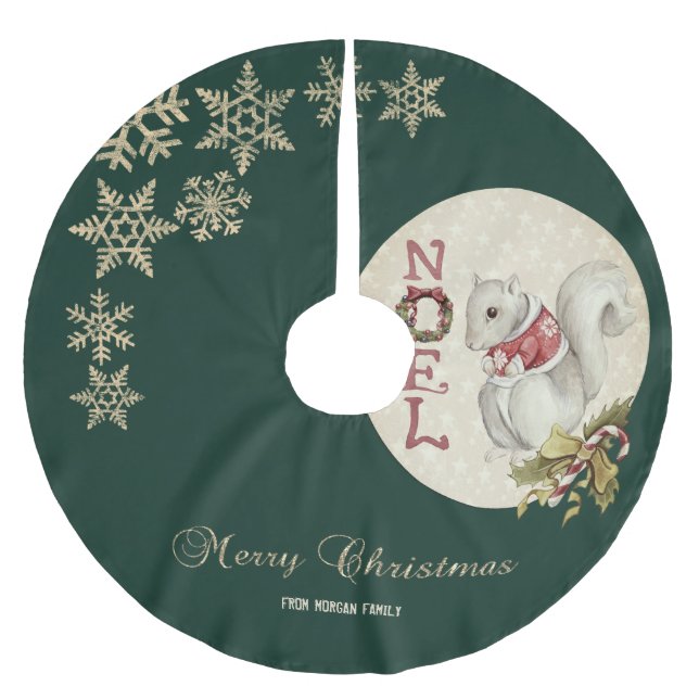 Vintage Christmas Squirrel, Snowflakes  Brushed Polyester Tree Skirt (Front)