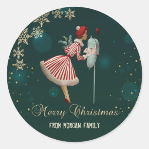 Vintage Christmas Squirrel, Snowflakes  Classic Round Sticker