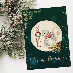 Vintage Christmas Squirrel, Snowflakes Holiday Card