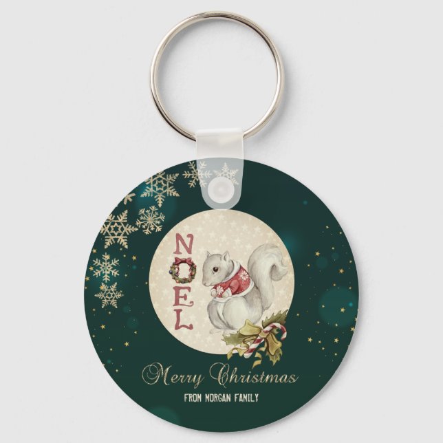 Vintage Christmas Squirrel, Snowflakes  Key Ring (Front)